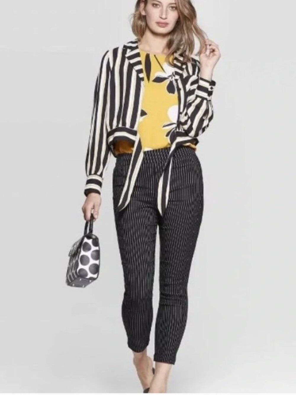 Who What Wear Womens Size 6 Pull On Skinny Crop Pant Black Beige Pinstripes High